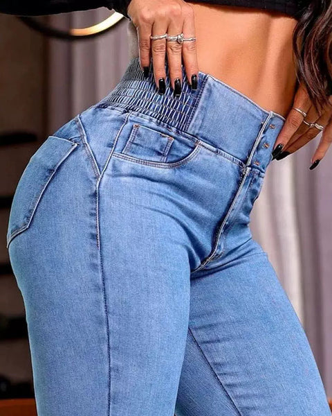 ENTA Elastik Bel Yüksek Bel Düğmeli Streç Dar Jean Pantolon